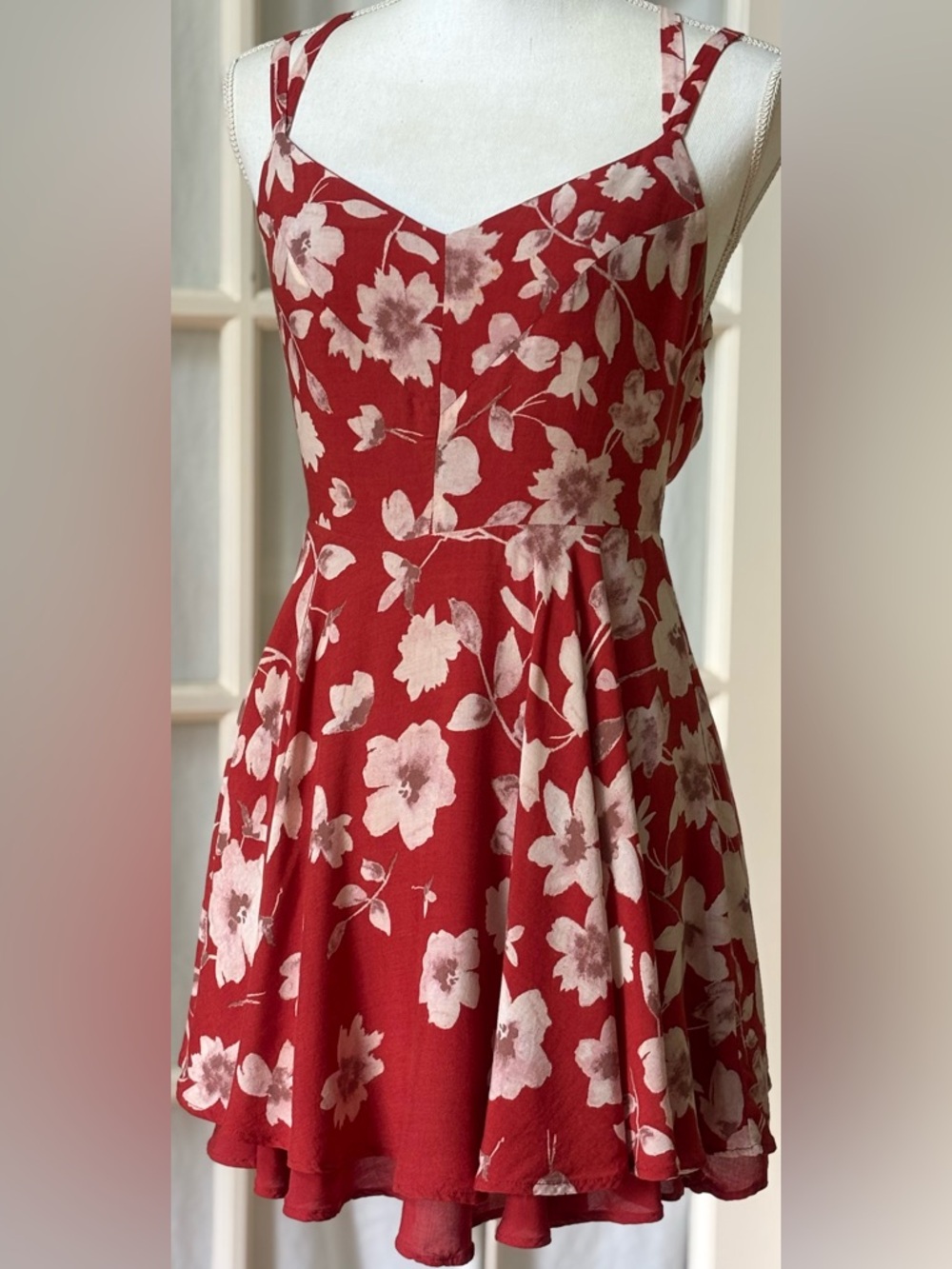 Kimchi Blue Red Floral Mini Dress Strappy Back Fit & Flare